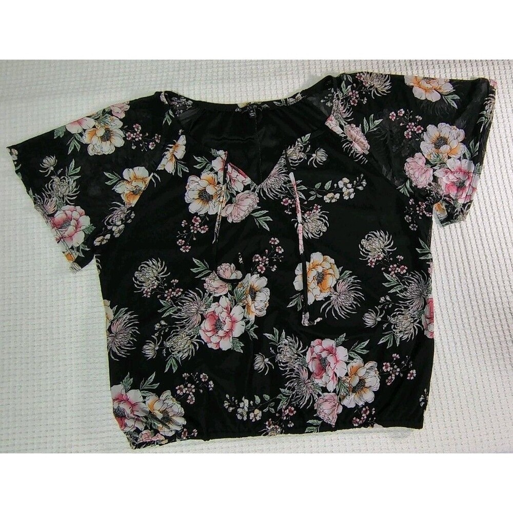 AUW Black Floral Flowers SS Lined Tunic Top 3X Elastic Waist Cottagecore Whimsy